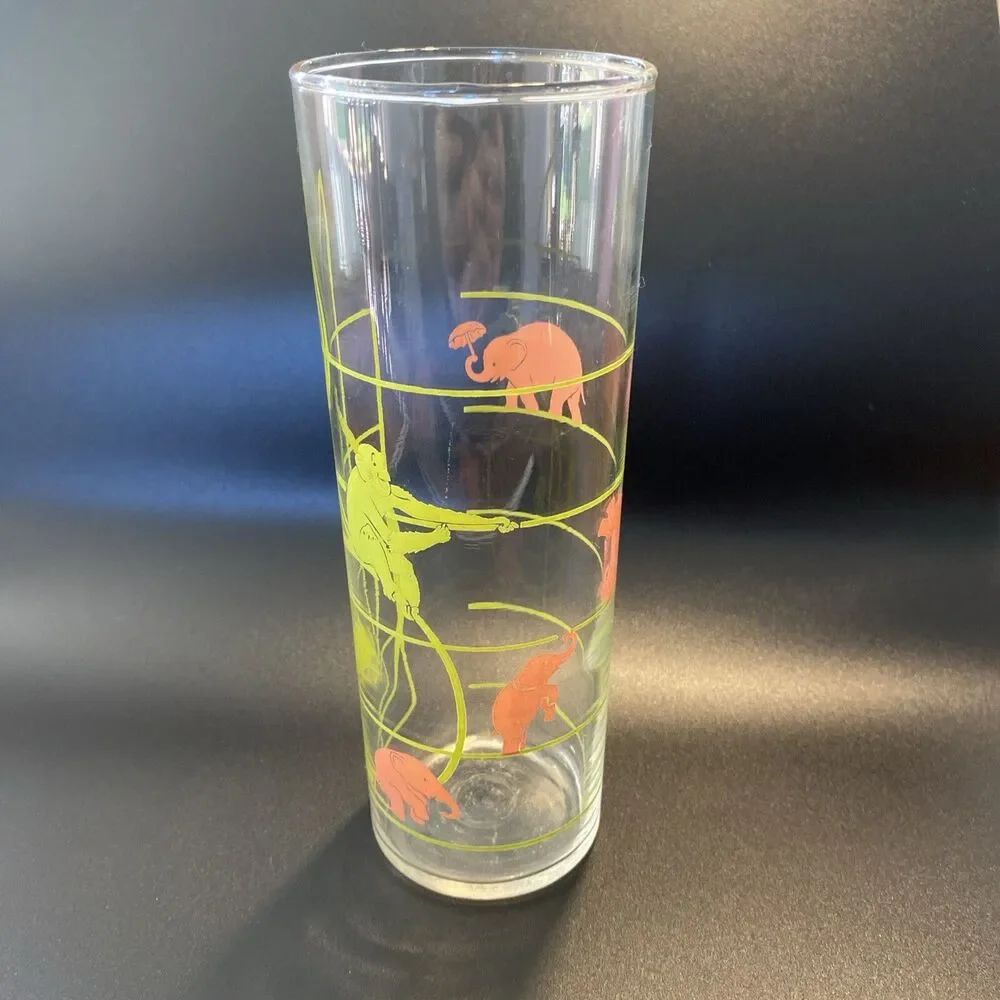 Vintage MCM Federal Glass Pink Elephant & Monkey Musical Notes Highball Glass